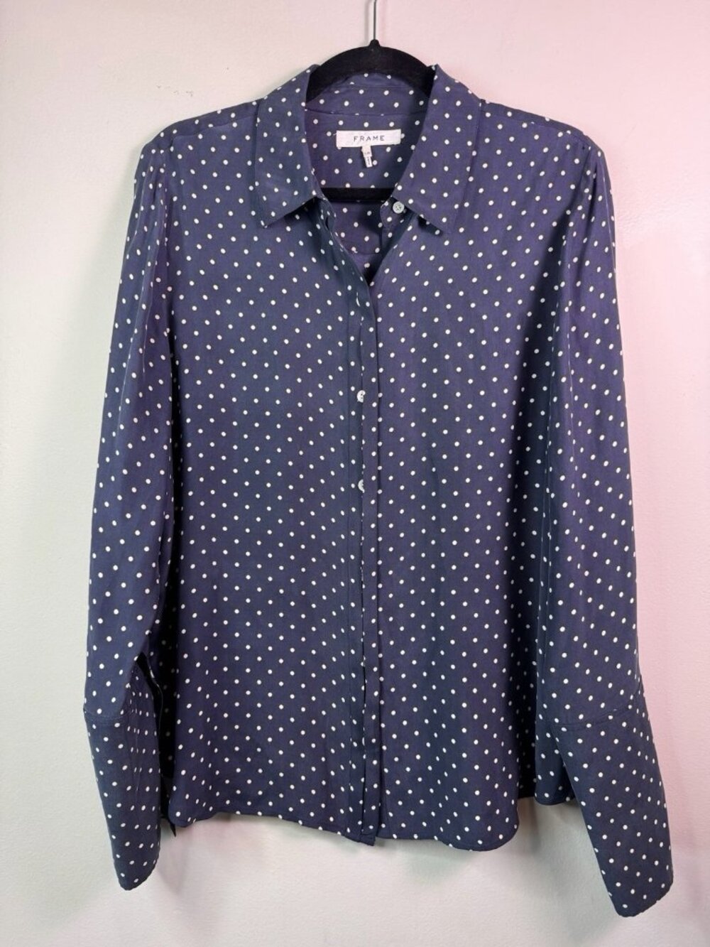 FRAME Navy Blue Polka Dot Silk Blouse Size Large